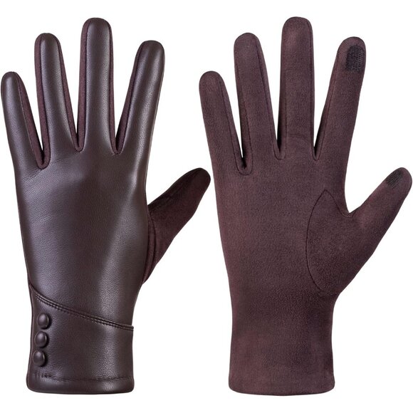 Women's Brown Winter Leather Touch Screen Wool Lined Windproof Warm Dress Gloves - Picture 2 of 9